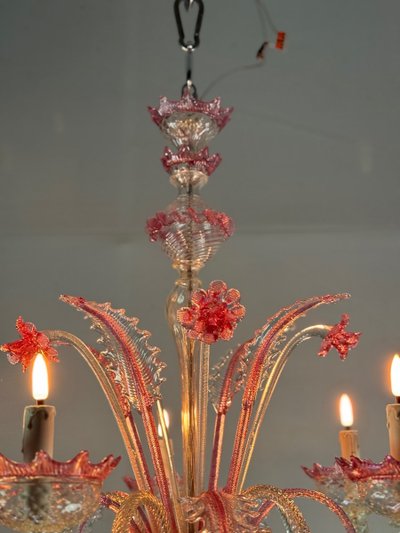 Venetian Chandelier In Colorless And Red Murano Glass 5 Light Arms, Circa 1950