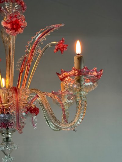 Venetian Chandelier In Colorless And Red Murano Glass 5 Light Arms, Circa 1950