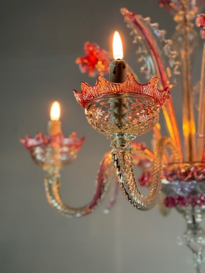 Venetian Chandelier In Colorless And Red Murano Glass 5 Light Arms, Circa 1950