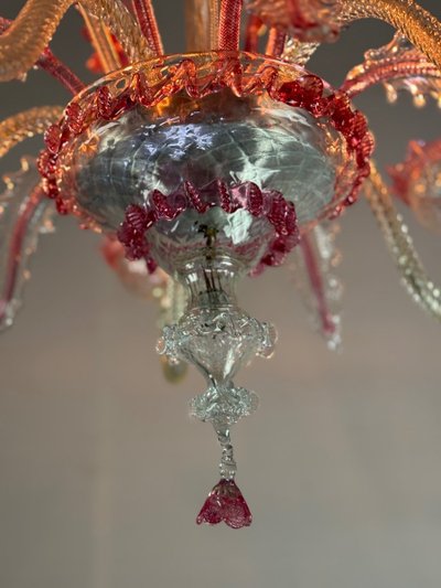 Venetian Chandelier In Colorless And Red Murano Glass 5 Light Arms, Circa 1950