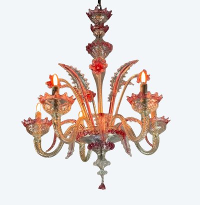 Venetian Chandelier In Colorless And Red Murano Glass 5 Light Arms, Circa 1950