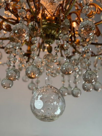 Important Gilded Bronze Chandelier Festooned With Glass Balls, Circa 1890