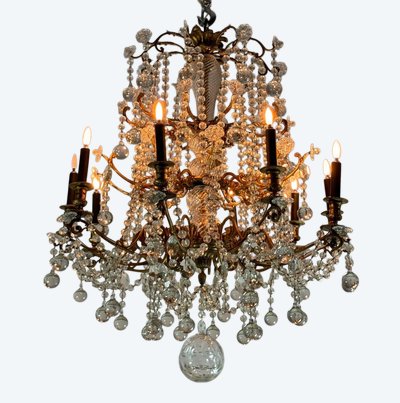 Important Gilded Bronze Chandelier Festooned With Glass Balls, Circa 1890