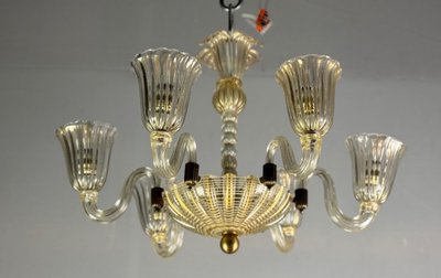 Lustre Vénitien En Verre De Murano Doré Et à Reticello , 6 Bras De Lumière Vers 1950