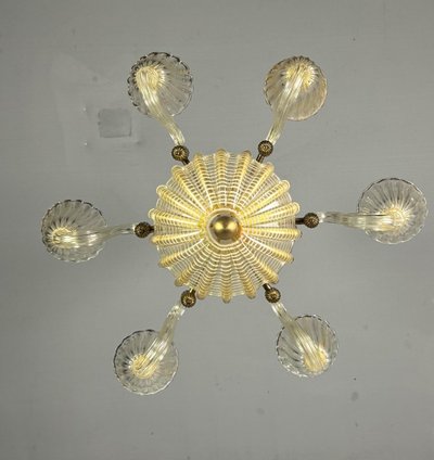 Lustre Vénitien En Verre De Murano Doré Et à Reticello , 6 Bras De Lumière Vers 1950