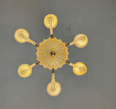 Lustre Vénitien En Verre De Murano Doré Et à Reticello , 6 Bras De Lumière Vers 1950
