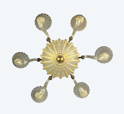 Lustre Vénitien En Verre De Murano Doré Et à Reticello , 6 Bras De Lumière Vers 1950