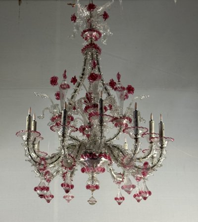 Rezzonico Venetian Chandelier in Clear and Red Venetian Glass Circa 1920