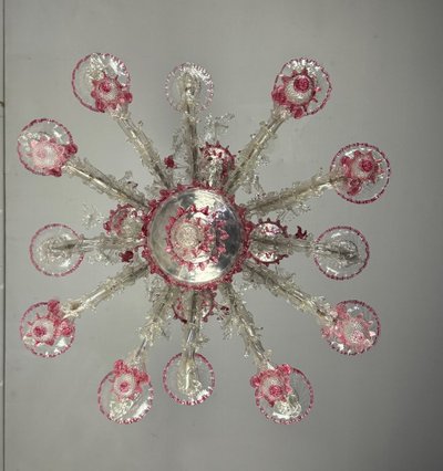 Rezzonico Venetian Chandelier in Clear and Red Venetian Glass Circa 1920