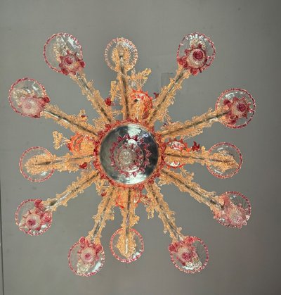 Rezzonico Venetian Chandelier in Clear and Red Venetian Glass Circa 1920