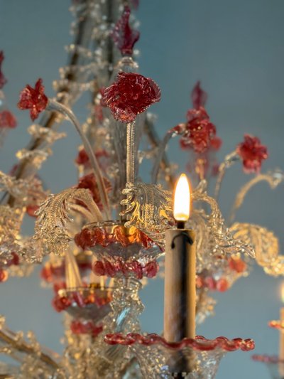 Rezzonico Venetian Chandelier in Clear and Red Venetian Glass Circa 1920