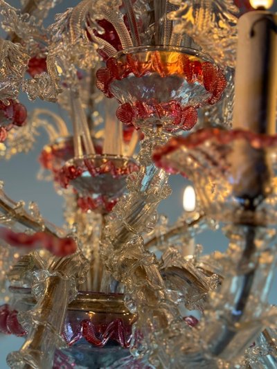 Rezzonico Venetian Chandelier in Clear and Red Venetian Glass Circa 1920