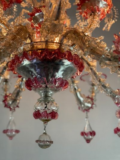 Rezzonico Venetian Chandelier in Clear and Red Venetian Glass Circa 1920
