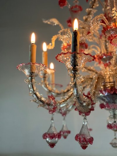 Rezzonico Venetian Chandelier in Clear and Red Venetian Glass Circa 1920