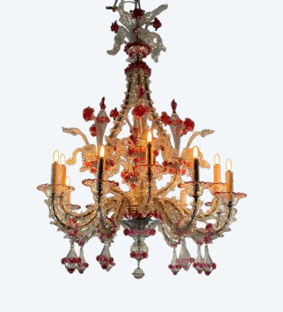 Rezzonico Venetian Chandelier in Clear and Red Venetian Glass Circa 1920