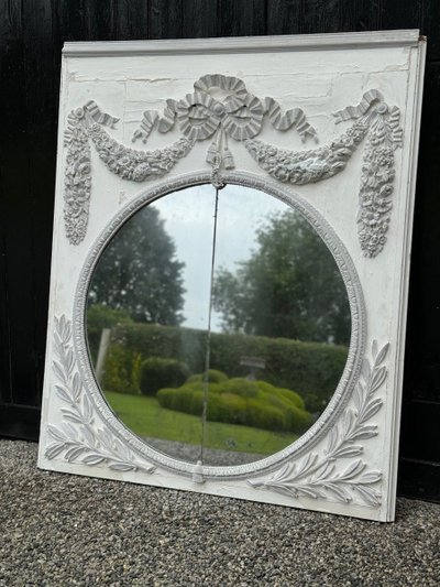 Miroir De Cheminée, Trumeau Louis XVI En Bois Sculpté Rechampi Blanc Et Gris, XVIIIème Siècle