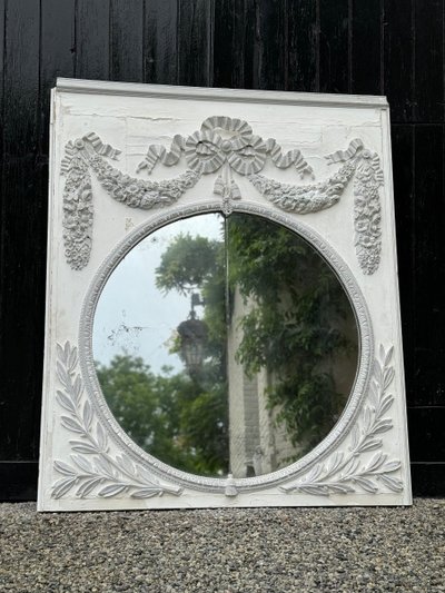 Miroir De Cheminée, Trumeau Louis XVI En Bois Sculpté Rechampi Blanc Et Gris, XVIIIème Siècle
