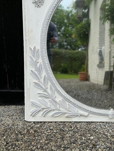 Miroir De Cheminée, Trumeau Louis XVI En Bois Sculpté Rechampi Blanc Et Gris, XVIIIème Siècle