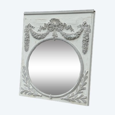 Miroir De Cheminée, Trumeau Louis XVI En Bois Sculpté Rechampi Blanc Et Gris, XVIIIème Siècle