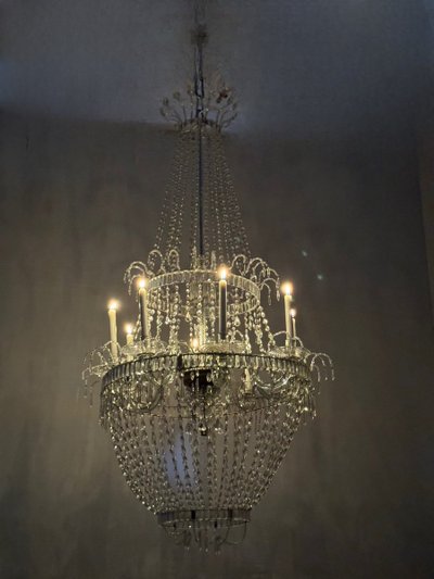 Pearl Bag Chandelier, Cut Crystal Navette Pendants, Circa 1800, Height 170cm