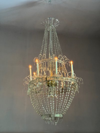Pearl Bag Chandelier, Cut Crystal Navette Pendants, Circa 1800, Height 170cm