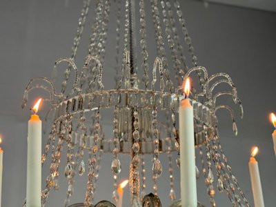 Pearl Bag Chandelier, Cut Crystal Navette Pendants, Circa 1800, Height 170cm