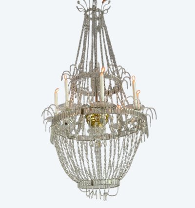 Pearl Bag Chandelier, Cut Crystal Navette Pendants, Circa 1800, Height 170cm