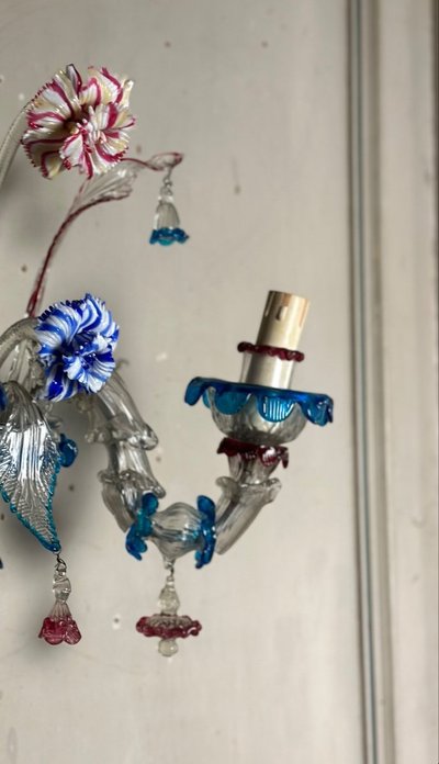 Pair Of Venetian Murano Glass Rezzonico Multicolored Sconces Circa 1920