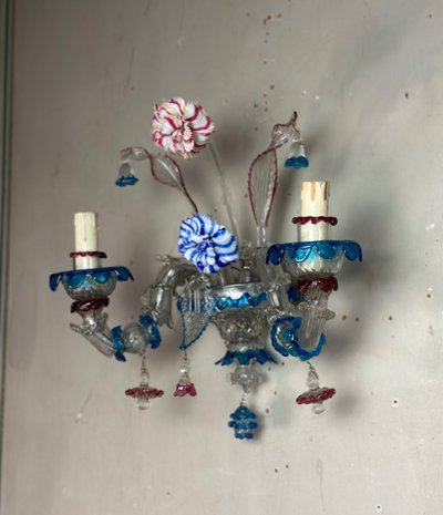 Pair Of Venetian Murano Glass Rezzonico Multicolored Sconces Circa 1920