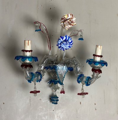 Pair Of Venetian Murano Glass Rezzonico Multicolored Sconces Circa 1920
