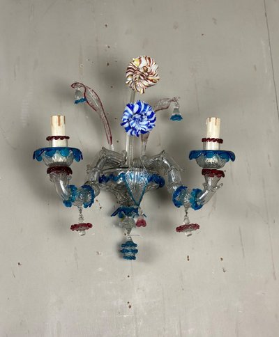 Pair Of Venetian Murano Glass Rezzonico Multicolored Sconces Circa 1920