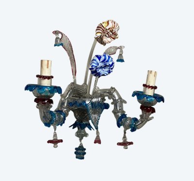 Pair Of Venetian Murano Glass Rezzonico Multicolored Sconces Circa 1920