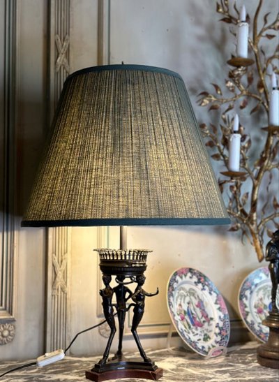 Bronze And Marble Table Lamp, Three Fauns Supporting A Brazier