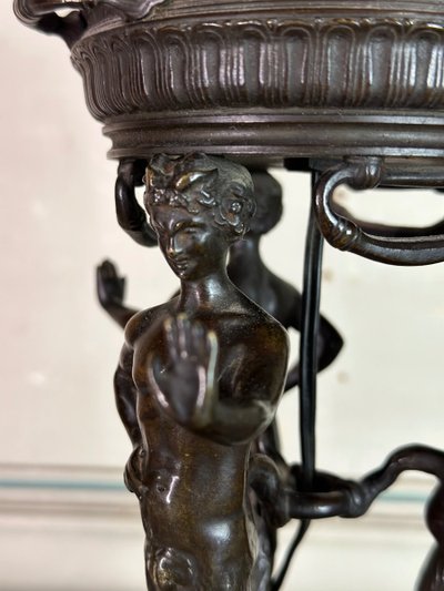 Bronze And Marble Table Lamp, Three Fauns Supporting A Brazier