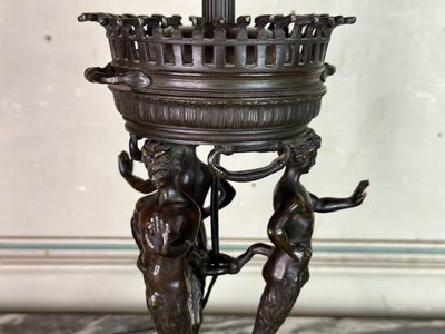 Bronze And Marble Table Lamp, Three Fauns Supporting A Brazier