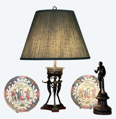 Bronze And Marble Table Lamp, Three Fauns Supporting A Brazier