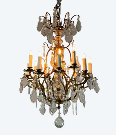 Louis XV Style Gilt Bronze Cage Chandelier Festooned With Pampilles Circa 1920