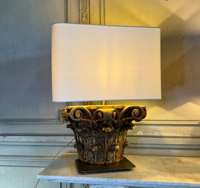 Pair of Table Lamps, Half Corinthian Capitals in Carved and Gilded Wood, 18th Century