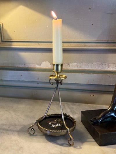 Pair Of Bronze And Pietra Dura Candlesticks, Marble Inlay, Circa 1900