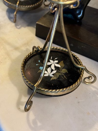 Pair Of Bronze And Pietra Dura Candlesticks, Marble Inlay, Circa 1900