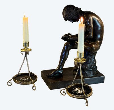 Pair Of Bronze And Pietra Dura Candlesticks, Marble Inlay, Circa 1900