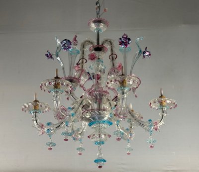 Lampadario Rezzonico Veneziano In Vetro Di Murano Multicolore Del 1900 circa