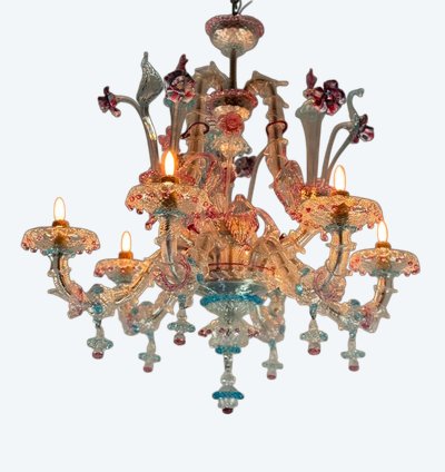 Lampadario Rezzonico Veneziano In Vetro Di Murano Multicolore Del 1900 circa