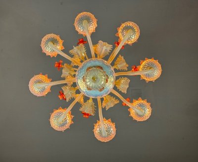 Venetian Chandelier in Opalescent, Gold and Red Murano Glass, 8 Light Arms Circa 1930