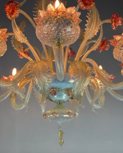 Venetian Chandelier in Opalescent, Gold and Red Murano Glass, 8 Light Arms Circa 1930