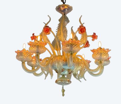 Venetian Chandelier in Opalescent, Gold and Red Murano Glass, 8 Light Arms Circa 1930