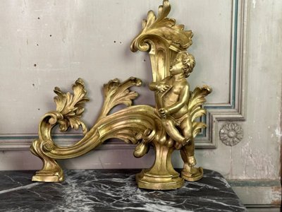 Coppia di chenêts in bronzo dorato e cesellato su modello di Jacques Caffieri, Parigi XIX secolo