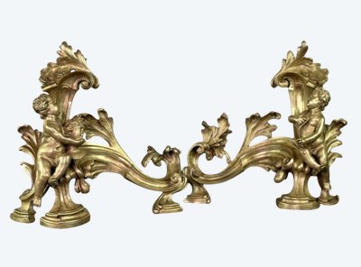 Coppia di chenêts in bronzo dorato e cesellato su modello di Jacques Caffieri, Parigi XIX secolo