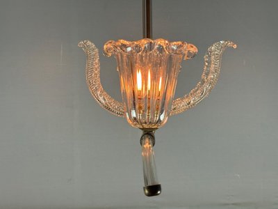 Lustre Vénitien En Verre De Murano Transparent Et Laiton Vers 1950
