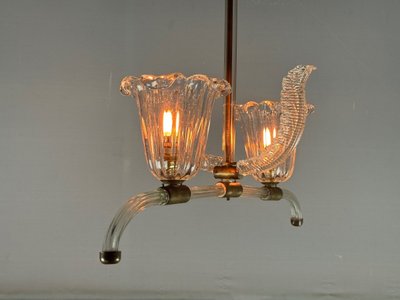 Lustre Vénitien En Verre De Murano Transparent Et Laiton Vers 1950
